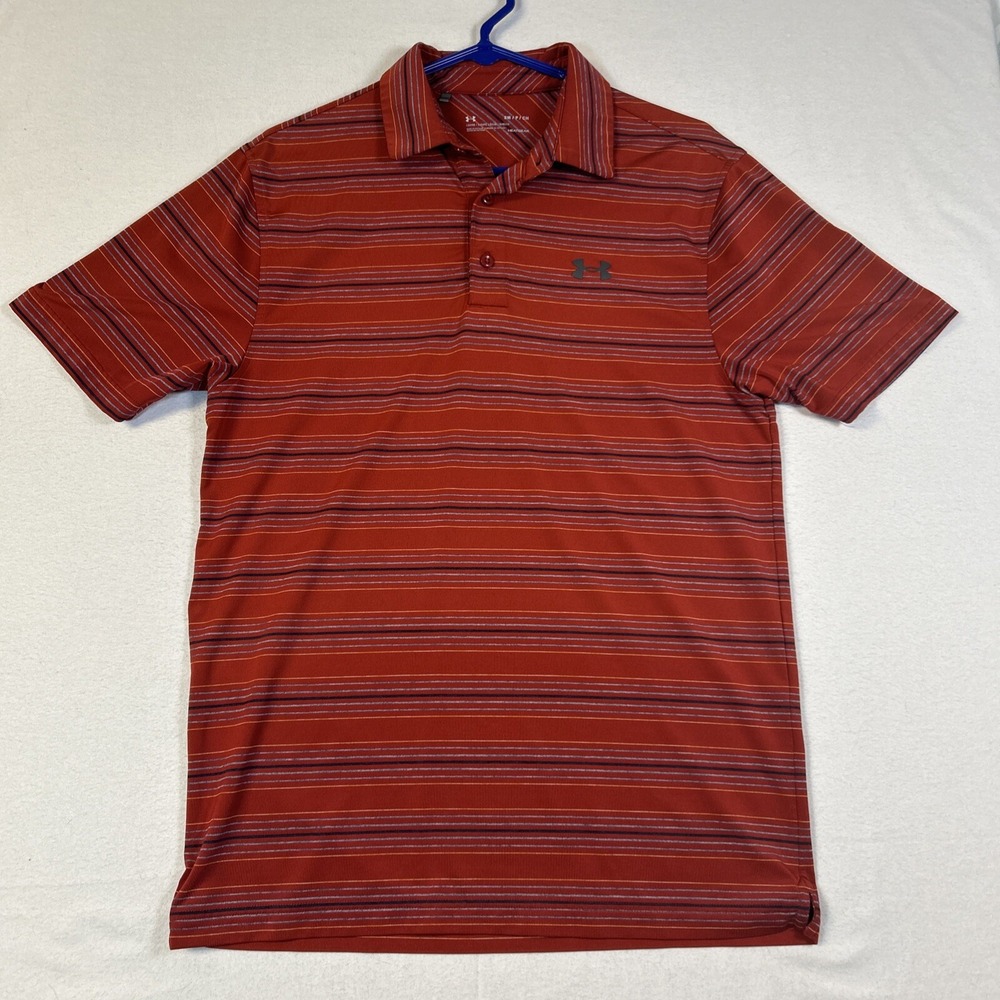 Under Armour Golf Polo Shirt Mens Small Red Striped Loose Fit HeatGear Short Slv